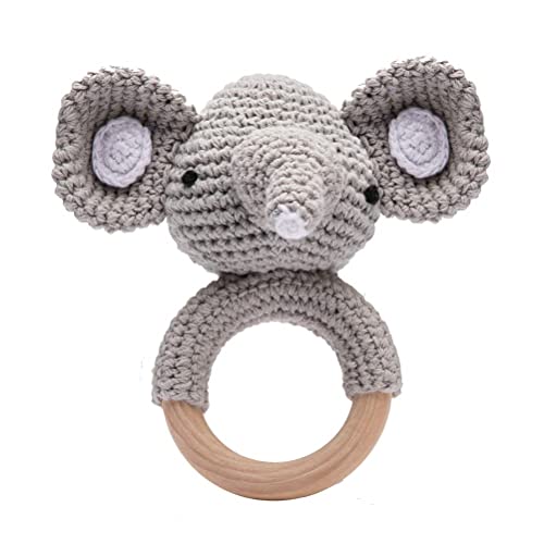 Image of Youuys Wooden Baby Rattle Toys, Easter Crochet Elephant Toy Natural Wood, Shaker for Hand Grips, Boy Girl First Gift, Newborn Gifts (Elephant)