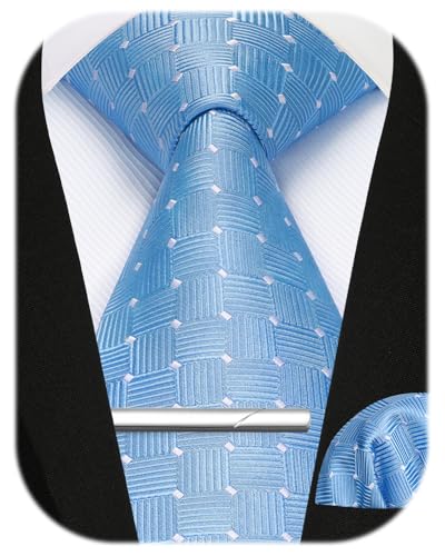 Image of Enlision Ties for Men Plaid Stripe Tie Handkerchief Woven Classic Formal Necktie Pocket Square Clip Set