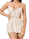 WDIRARA Women's Floral Embroidery Mesh Split Cut Out Babydoll Lingerie Slip Dress Pure White S