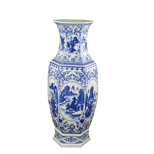 25" Classic Blue and White Hexagonal Lotus Porcelain Vase, Ceramic
