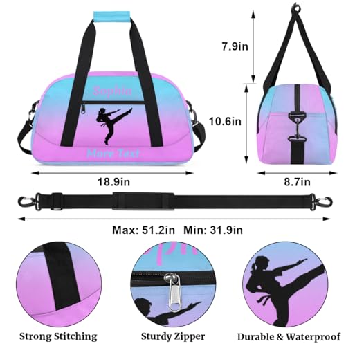 Personalized Sport Duffle Bag for Girls, Custom Kids Gym Bag with Name, Fit School Practice, or Overnight Weekender Travel Pink Martial Arts2