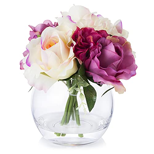 Enova Home Arreglo de flores mixtas de rosas de seda y hortensias en jarrón de vidrio con agua sintética (púrpura)