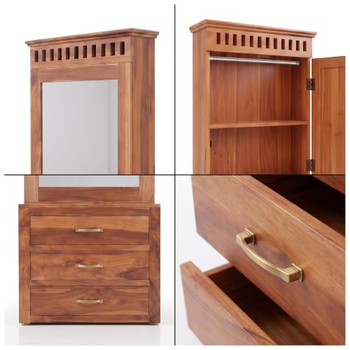Image of SONA ART & CRAFTS Solid Sheesham Wood Dressing Table with Storage Mirror & 3 Drawers, & 1 Door Storage for Living Room Bedroom Wooden Make Up Vanities Dresser for Bedroom Home (Natural Finish)