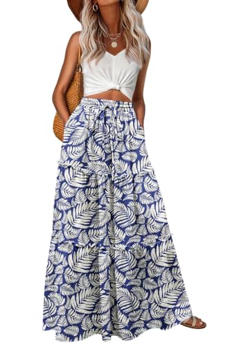Image of Lepunuo Womens Casual Boho High Waisted Flowy Maxi Skirts Tiered Floral Long Skirts with Pockets for Summer Beach Vacation