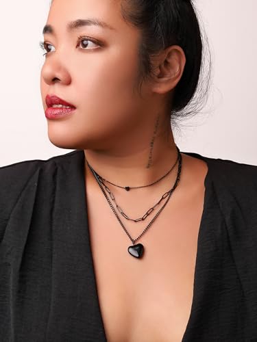 Sacina Goth Layered Black Heart Pendant Necklace, Gothic Grunge Punk Emo, Female, Stainless Steel, Pendant Necklace4