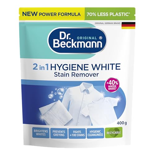 Image of Dr. Beckmann 2-in-1 Hygiene White Stain Remover Powder - Brightens Whites with Oxi & White Formula - Prevents Greying, Chlorine Bleach-Free - Unscented - 400g