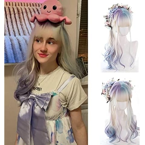 TopWigy Long Wavy Colourful Wig for Women Light Blue Light Purple Unicorn Wig with Bangs for Girls 24Inch Synthetic Rainbow Wig for Lolita Halloween Anime Cosplay Party Costume Harajuku Style Cover