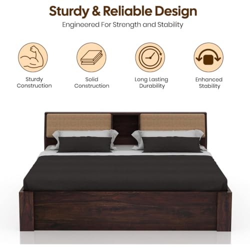 Image of Ganpati Arts Solid Sheesham Wood Mayor King Size Bed with Hydraulic Storage & Headboard Storage | Wooden Double Bed Cot Palang Furniture for Bedroom, Home & Hotel (Walnut Finish)