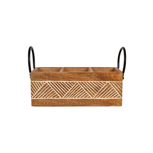 Image of Craft Expertise inchHandcrafted Wooden Cutlery Utensils Spoon Holder - 3 Compartment Large Organizer With Iron Handles - Rustic Brown, 11 X 4 X 4 Inches (Classic)