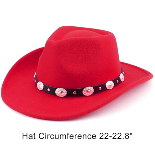 Image of DRESHOW Women Men Classic Felt Wide Brim Western Cowboy & Cowgirl Cap Belt Buckle Retro Panama Hat Unisex Rolled up Caps