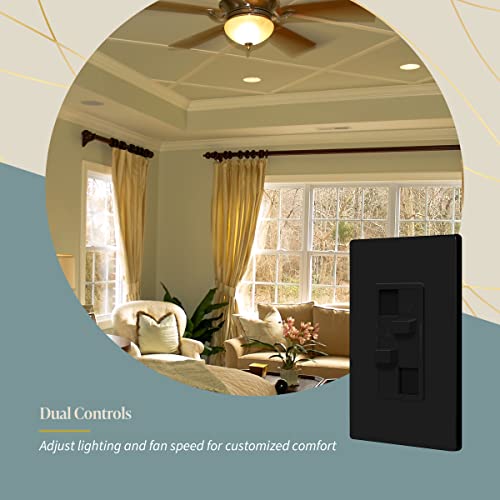 Topgreener Kalide Combo Dimmer Switch With 3-Speed Fan Control, Light And Fan Combination Switch, Single Pole, 2.5A, 200W Led/Cfl, Neutral Wire Not Required, Tgdsfs3-Bk, Black #TOP1