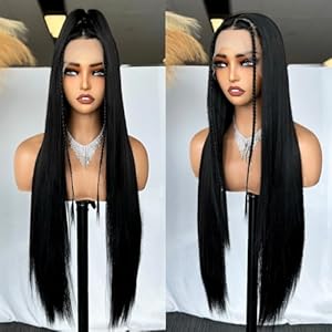 SOKU 13×6 Synthetic Lace Front Wigs 32 Inch Long Straight Wigs with Baby Hair Free Part Natural Black Lace Frontal Wigs Pre Plucked Glueless High Temperature Fiber Wigs for Women Girls Daily Wear