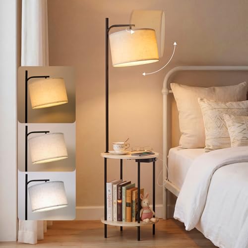 ONEWISH Floor Lamp with Table USB/Type-C/AC Charging Ports 9W LED Bulb Round Table & Nightstand for Bedroom & Living Room (White)