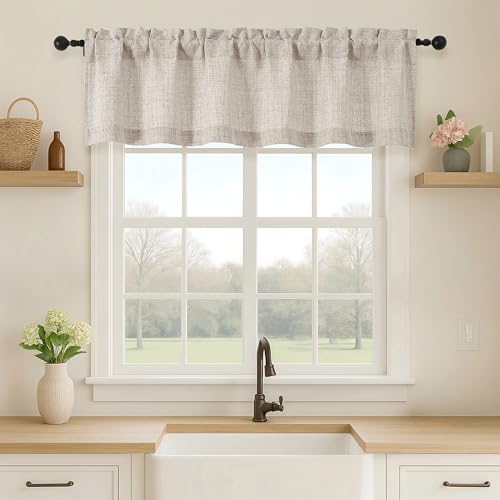 OVZME Valance for Windows, Light Filtering Faux Linen Textured Small Short Valance Kitchen Curtain, Dual Rod Pocket Top Short Window Curtain for Bathroom Basement Farmhouse, 60Wx14L Inch, Linen Color