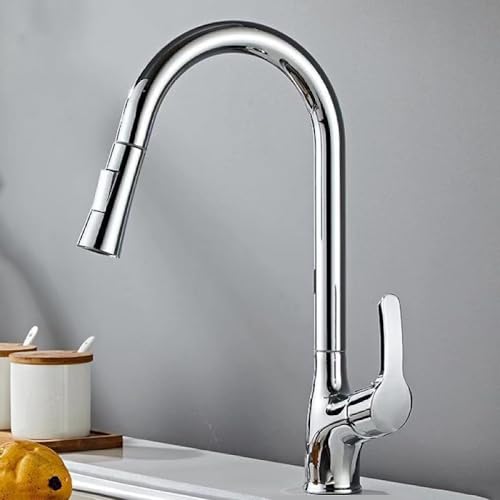 BONOOL プルダウンスプレー、キッチンシンクの蛇口2種類の水面アウトレットモード、キッチン蛇口360度スイベル、シングルハンドルホットウォーターミキサー、クロム
