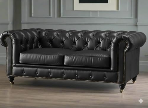 Image of UMAR ARTS Luxury Chesterfield Leatherate Sofa Set, Tufted Genuine Leatherate, Classic Living Room Furniture (Black 3+2+1)
