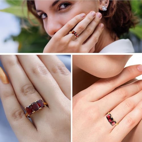Shop LC 3 Stone Garnet Rings for Women in 925 Sterling Silver with 14K Gold Plating - January Birthstone Promise Engagement Ring Vintage Red Garnet Jewelry Birthday Gifts for Womens2