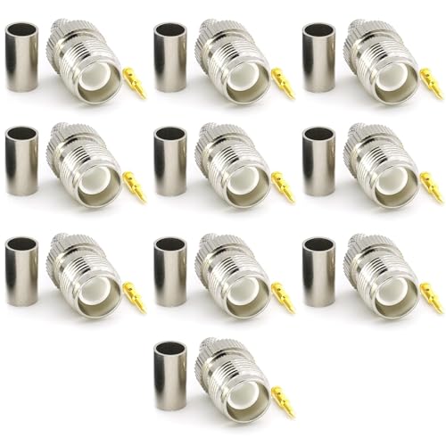 RP-TNC Hembra RG58 LMR195 RG303 RG141 RG142 RG400 RPTNC Female Conector de cable coaxial crimpado niquelado con clavija dorada — polaridad inversa TNC Hembra conector (clavija Macho) — Pack of 10