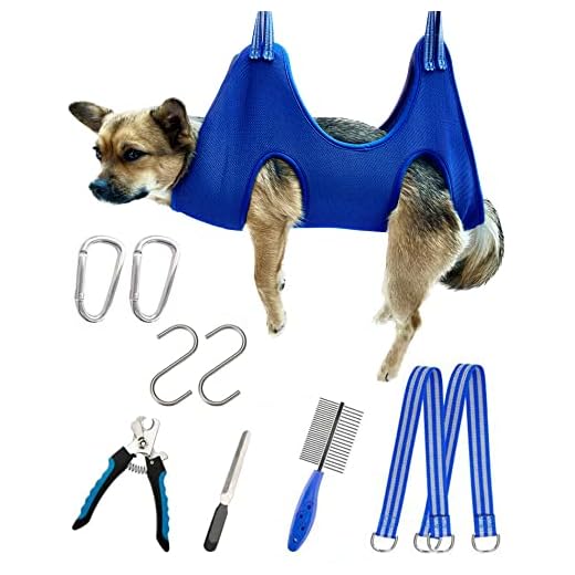Kkiimatt Arnês de rede 10 em 1 para cuidados com cortadores de unhas/aparador, lixa de unha, pente, rede de unhas para cães, estilingue para aparar/cortar unhas (P/menos de 13,6 kg, azul)