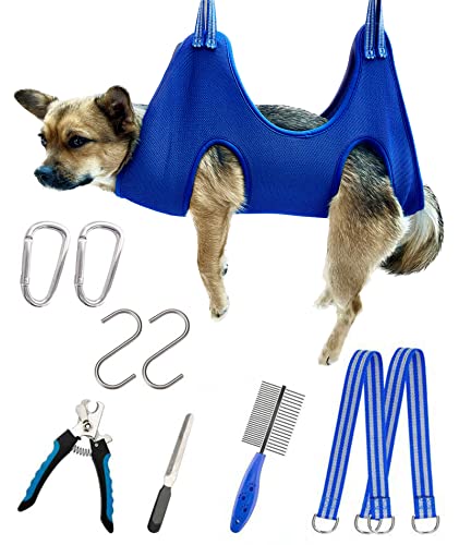 Image of Kkiimatt 10 in 1 Dog Pet Grooming Hammock Harness with Nail Clippers /Trimmer, Dog Hammock for Nail Trim, Grooming Sling Hanger for Nail Trimming /Clipping (S /Under 30lb, Blue)