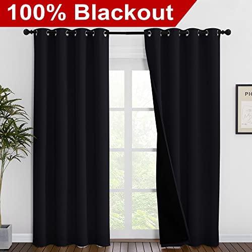 Image of NICETOWN High-End Thermal Curtains, Full Blackout Curtains 86 inches Long for Dining Room, Soundproof Window Treatment Drapes for Hall Room, Black, 55 inches Wide Per Panel, Set of 2 Panels