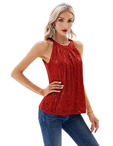 GRACE KARIN Sequin Halter Tops for Women Sleeveless Sparkly Shiny Tank Tops Ruched Flowy Sparkly Club Outfits Party Shirt2