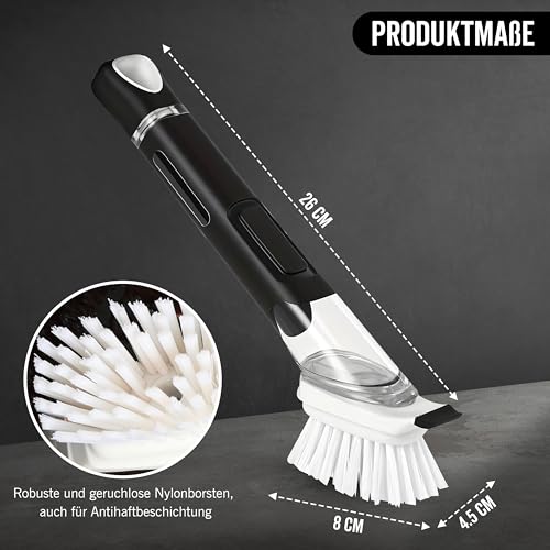 Spülbürste mit Spülmittelspender, Küchenbürste, Geschirrbürste, Abwaschbürste, mit Spülmittel befüllbar, Spülbürste schwarz, Set, Schwamm, Topf, Pfanne