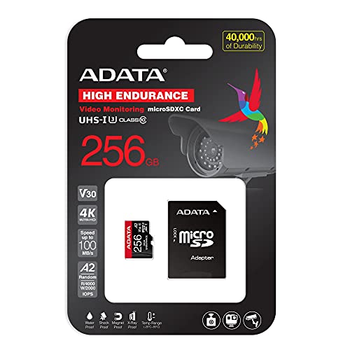 Image of ADATA 256GB High Endurance microSDXC Memory Card - UHS-I U3 V30 A2 Class 10 - Up to 100MB /s Read Speed - Ideal for Dash Cams, Surveillance, and 4K Video (AUSDX256GUI3V30SHA2-RA1)