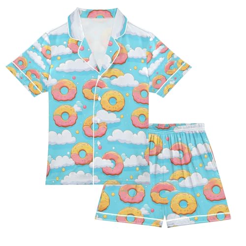Cloud with Doughnut Satin Summer Pajama Sets Silk Short Sleeve Button Down Sleepwear