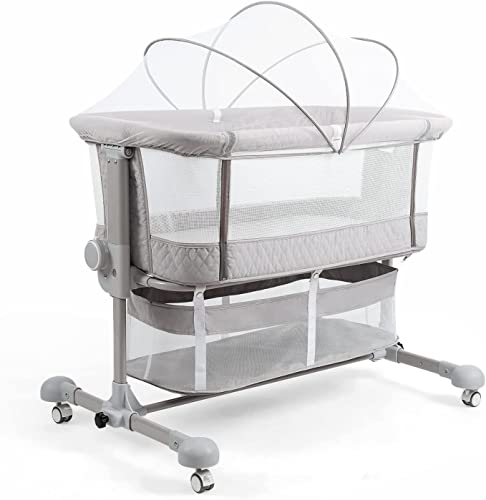Maydolly Bedside Sleeper Bedside Crib,Baby Bassinet 3 in 1 Portable Travel Baby Crib Baby Bed with Breathable Net and Mattress,Adjustable Portable Bed for Infant,Baby Girl Boy (Grey)