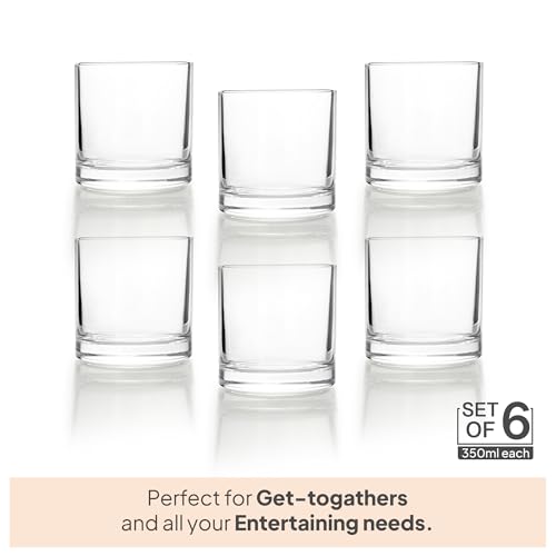 Image of CELLO Liberty DR Whiskey Rocks Glass Set of 6 Pcs, 350 ml Transparent | Leadfree Freezer & Dishwasher Safe Toughened Glass Set for Bar, Liquor, Whiskey, Cocktail, Mocktail, Mojito & Cold Beverages