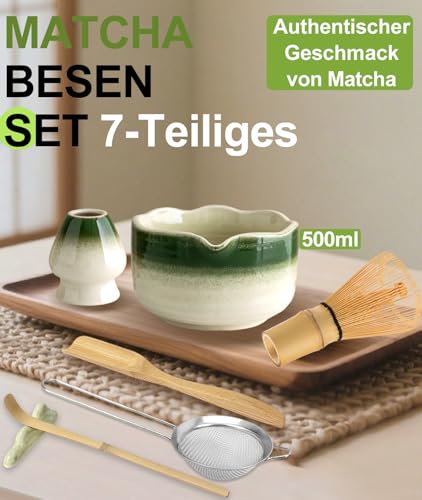 JBER Matcha Besen Set, Matcha Set 7-Teiliges - Matcha Besen und Besenhalter, Matcha Schale mit Auslauf, Sieb, Löffel und Halter, Japanisches Matcha Zubehör für Matcha-Liebhaber, Grün mit Farbverlauf