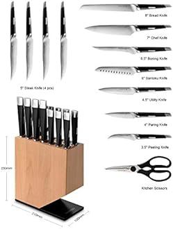 linoroso Knife Set, 13-Piece Kitchen Knife Set with Block Sharp Chef Knife Set, German High Carbon Stainless Steel Knife Block Set with Beech Block with Black Oxide Stainless Steel Base
