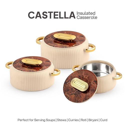 Image of CELLO Castella Insulated Steel Casserole Set of 3 Pcs (1000ml, 1000ml, 1500ml) Gold Beige | Airtight Lid Hot Pot Case Keeps Food Hot & Warm for Long Hours, Casserole Set for Roti Chapati Rice Biryani