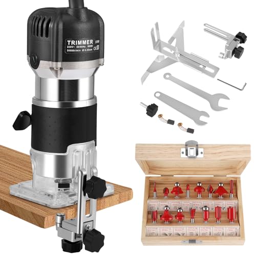 Palm Router Tool, 800W 30000Rpm Woodworking Hand Router with Trimmer Base & 15Pcs 1/4"(6.35mm) Router Bits Set, 6 Variable Speeds Handheld Wood Trimmer Router with Straight Guide, 220V (Black)