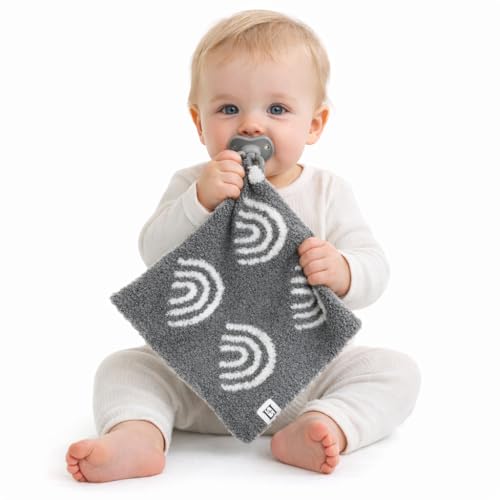 Image of L+L USA Rainbow Baby Lovey Pacifier /Teether Holder 10 inchx10 inch - DreamSoft Plush Fluffy Cuddly Soothie Reversible Mini Comfort Blanket - Cute Newborn Gift Essential Babies Boys Girls (Charcoal /White)