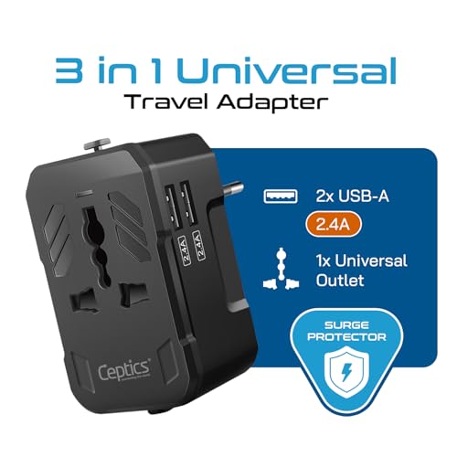 Image of Ceptics 3 in 1 Universal Charger Adapter - Universal Travel Adapter All in One with 2 USB-A Ports (2.4A), 100-250V Compatibility - Compact International Travel Adapter (White)