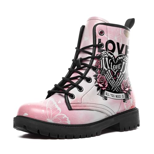 Pink Combat Boots for Women, Gothic Emo Lace-Up Ankle Boots Punk Platform Booties Festival & Everyday Streetwear