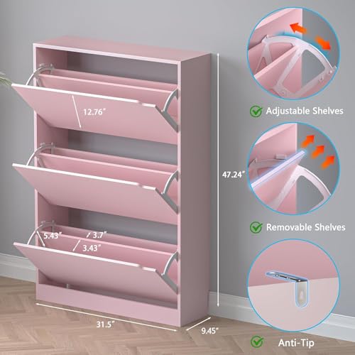 Shoe Cabinet with 3 Flip Drawers, Hidden Wood Shoe Cabinet,Freestanding Shoe Storage Cabinet for Entryway Hallway.White. 47.2" H*31.5" W*9.45" D (Pink)
