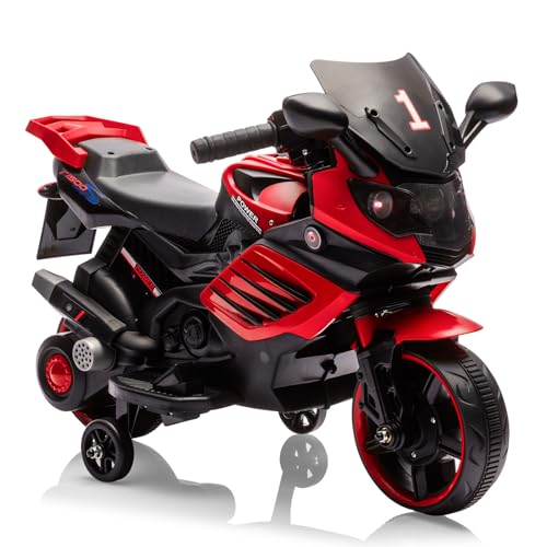 Garvee Kids 6V Ride On Motorcycle, Battery Powered Ride On Toys w/Treaded Tires, Working Headlight, Horn, Music, Training Wheels, Stable Electric Toddler Motorcycle for Kids, Gift for Boys Girls, Red