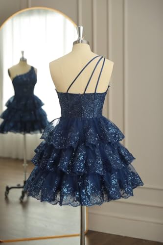 One Shoulder Short Homecoming Dresses for Teens Sequin Sparkly Prom Dress Tiered Lace Evening Gown3
