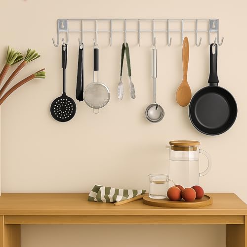 Image of Stainless Steel Kitchen wall Hooks for Hanging with 12 Hooks - Wall Mounted Stand for Spoons, Pans, Ladles & Cooking Tools | Bathroom Hanger, Kitchen Hanging Tools (2 Pcs)
