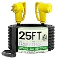 POWGRN 30 Amp RV Extension Cord 25 FT Outdoor with Grip Handle, Flexible Heavy Duty 10/3 Gauge STW 3 Prong RV Power Cord Waterproof, NEMA TT-30P to TT-30R, Black-Yellow, ETL Listed