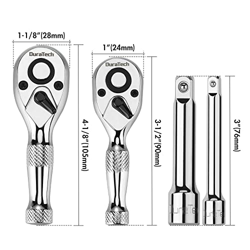 Duratech Stubby Ratchet Set, 1/4-Inch And 3/8-Inch Ratchets With 2 Extension Bars, 4-Piece, 72-T Reversible Quick-Release Head, Chrome Plated Finish And Full Polish #TOP5