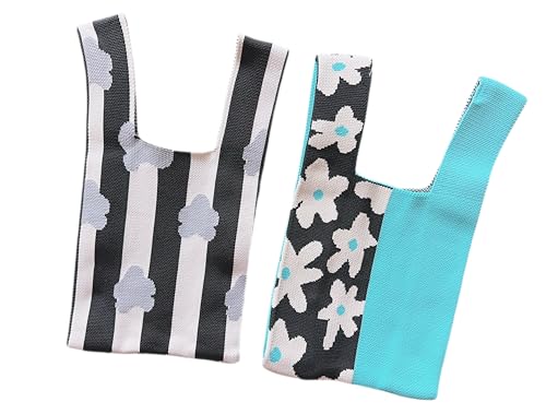 Image of Knot Bag, Mini Knit Tote Bag, Extra Thickened Japanese Knot Bag, Wristlet Handbag, Aesthetic Crochet - 2Pcs Blue Floral & Black & White Floral(Very Small)