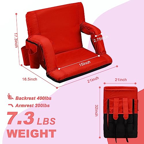 Avocahom Folding Stadium Seat-21Inch Wide Reclining Bleacher Seat w/Back Support & Armrest, Portable Padded Cushion Bleacher Chair for Sports Concerts Camping, Red