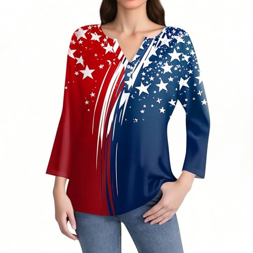 Image of 4th of July Shirts Women 3 /4 Length Sleeve Womens Tops Henley Neck Casual Patriotic T Shirts