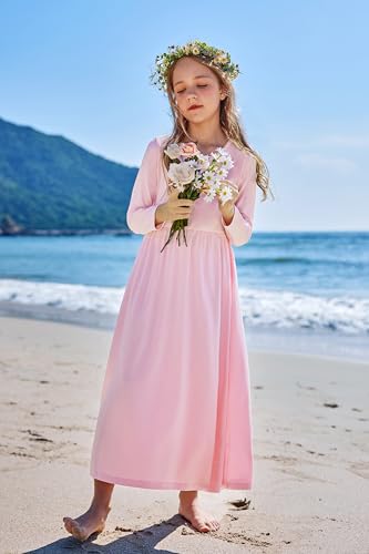 Image of Arshiner Girls Maxi Dress Long /Short Sleeve Casual Holiday Dress with Pockets for 5-13 Years