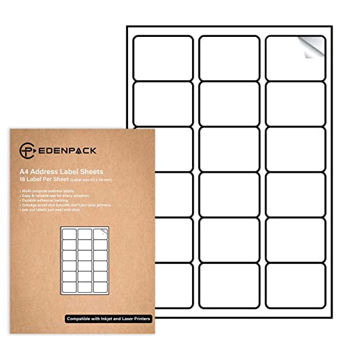 Edenpack EP10800 - 18 etiquetas por folha A4, 25 folhas, etiquetas de correio imprimíveis de endereços auto-adesivos, compatíveis com impressoras a laser e jato de tinta