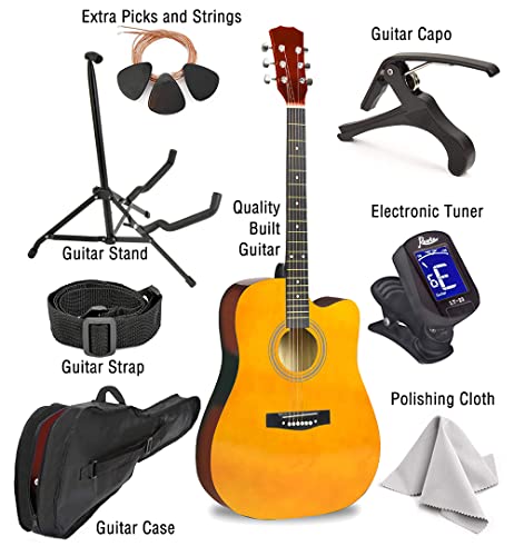 Master-Play Beginner Full Size 41” Wood Cutaway All String Acoustic Guitar, With Bonus Accessories Kit; Case, Strap, Capo, Extra Strings, Picks, Tuner, Wash Cloth, Stand (Wood) #TOP1